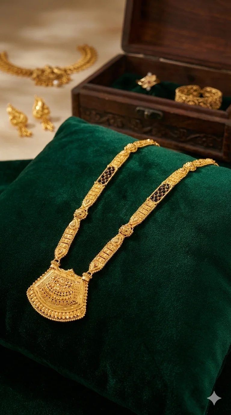Traditional Long Gold Mangalsutra with Filigree Pendant 